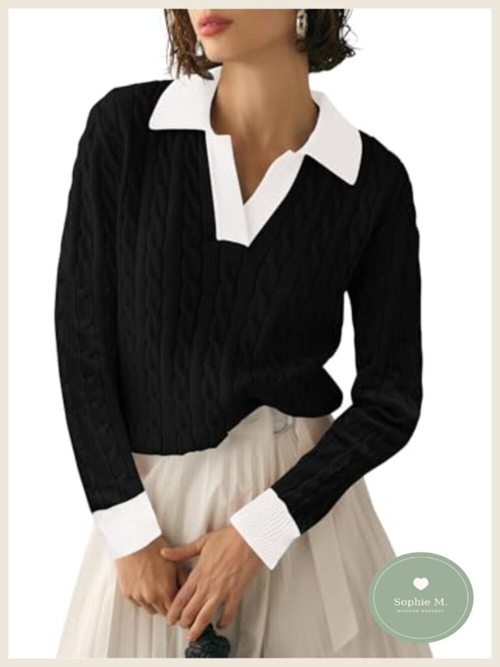 Womens Cable Knit V-Neck Long Sleeve Pullover Sweater Soft Jumper